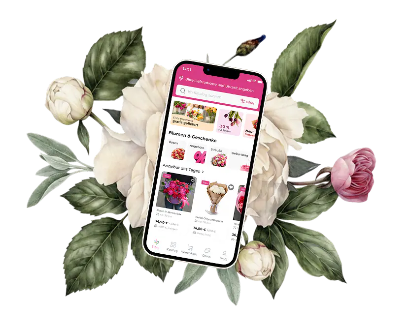 Katalog der MyGlobalFlowers-App auf einem Smartphone, umgeben von Pfingstrosen