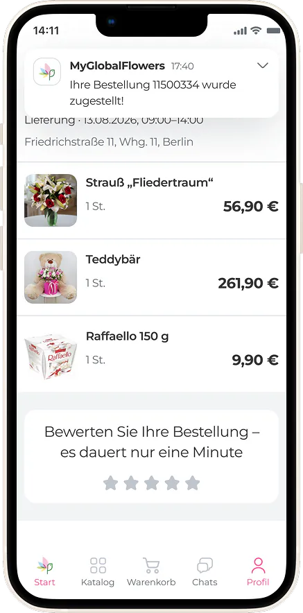 Push-Benachrichtigung über eine gelieferte Bestellung in der MyGlobalFlowers-App